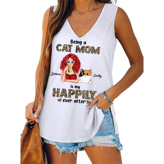 Cocktail Girl Cat Mom Happily Ever After Personalized Women Tank Top V Neck Casual Flowy Sleeveless