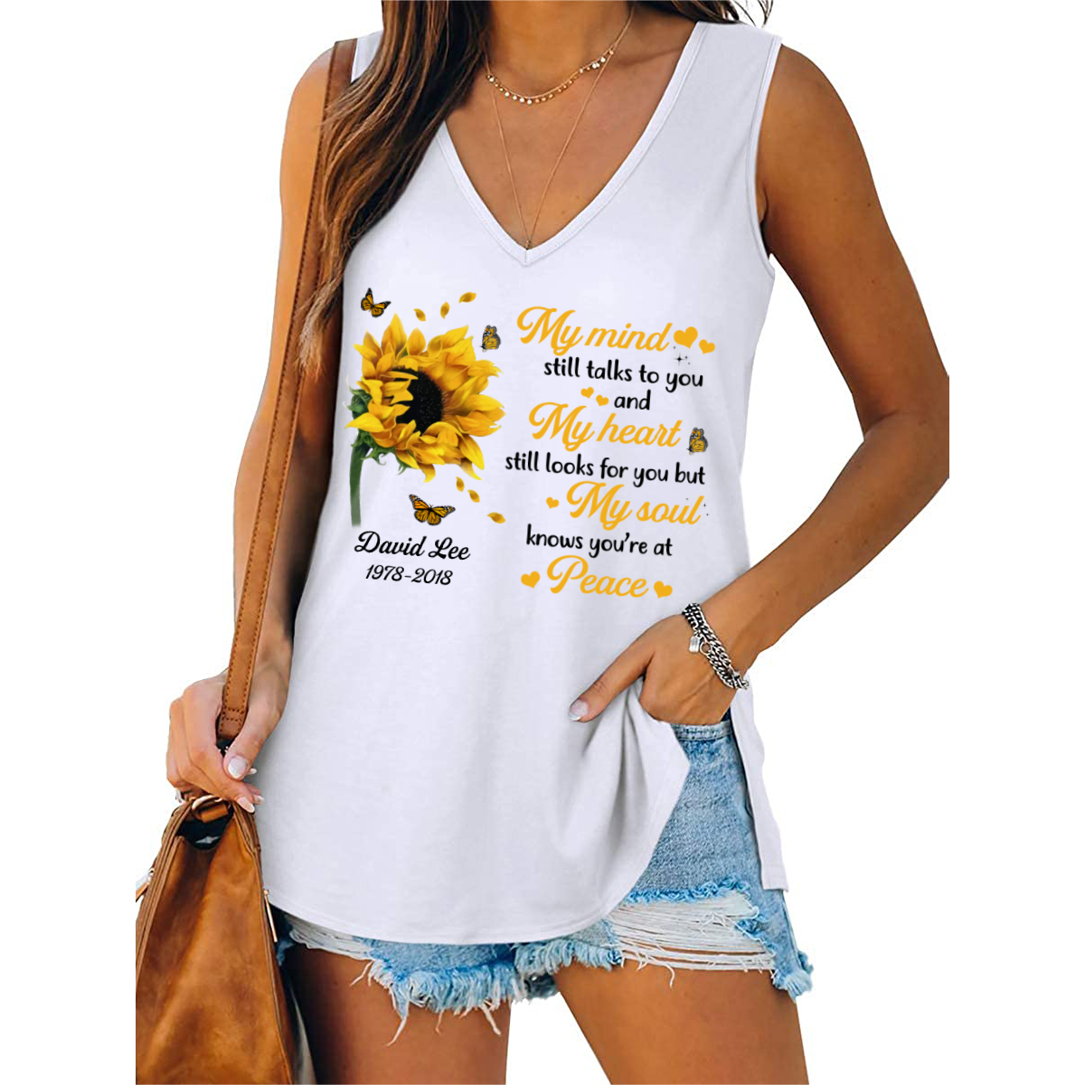 Sunflower My Mind Still Talks To You Memorial Personalized Women Tank Top V Neck Casual Flowy Sleeveless