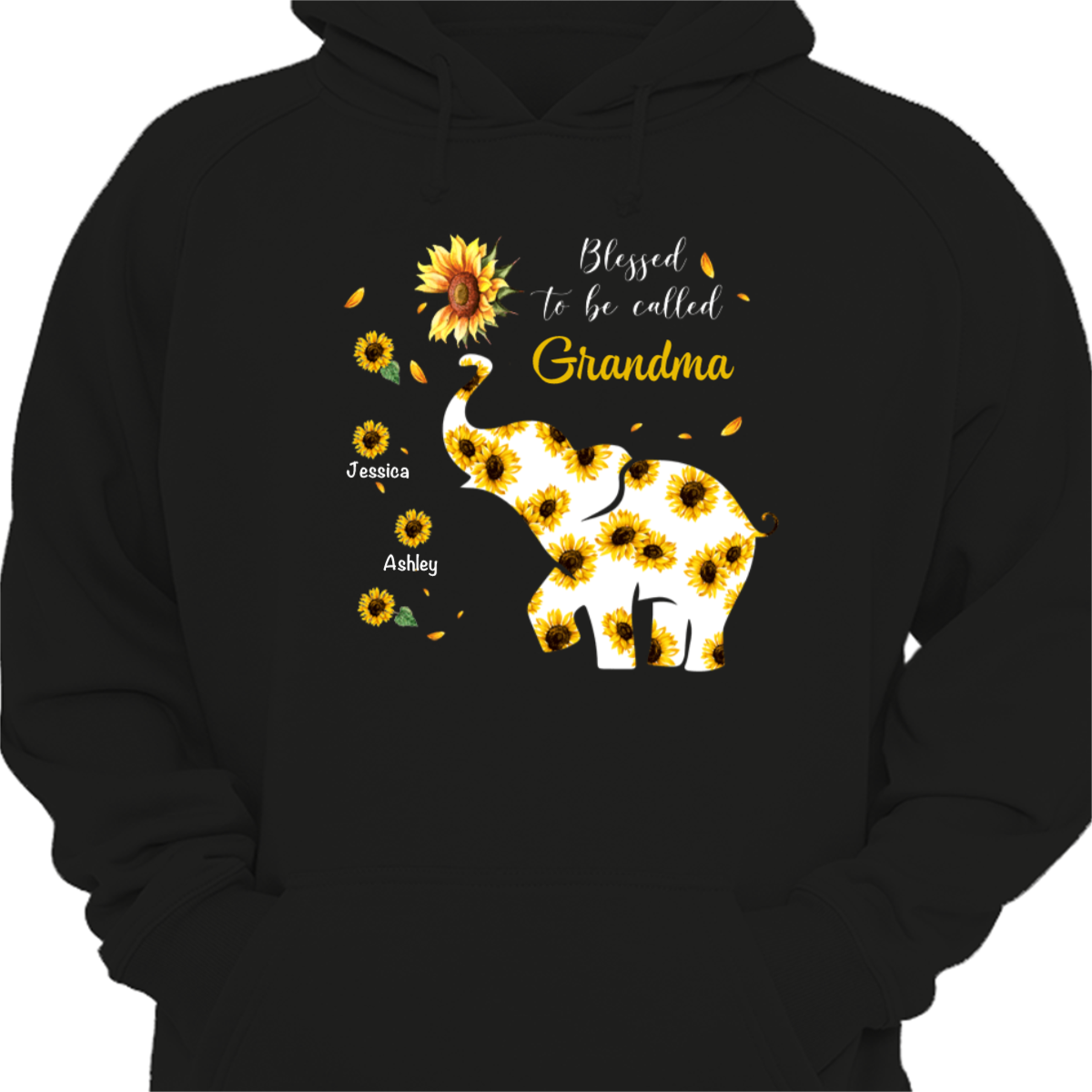 Sunflower Elephant Mom Grandma Personalized Hoodie Sweatshirt