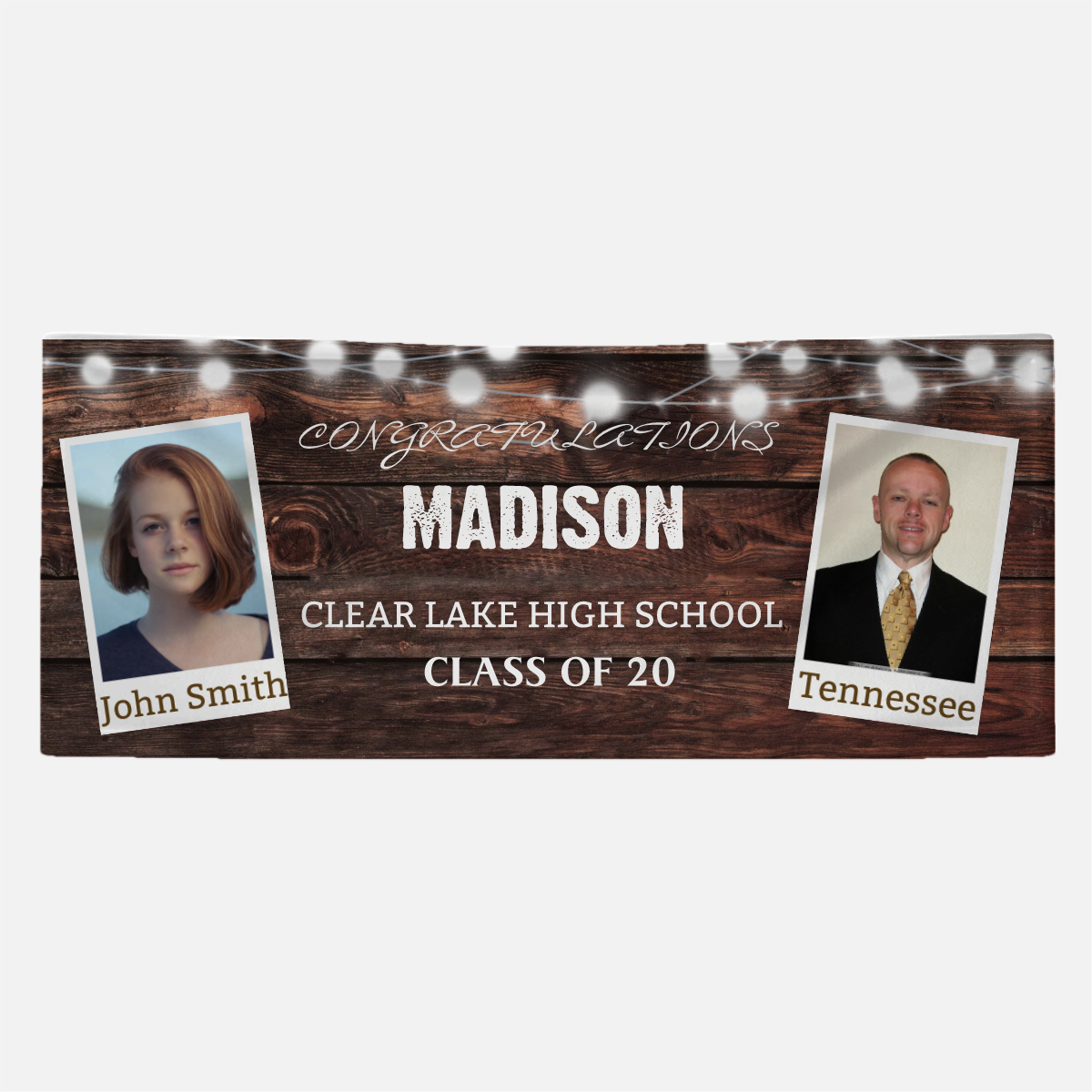 Personalized Name/Photo, Congrats Rustic Wood String Lights Grad 2 - Photo Banner