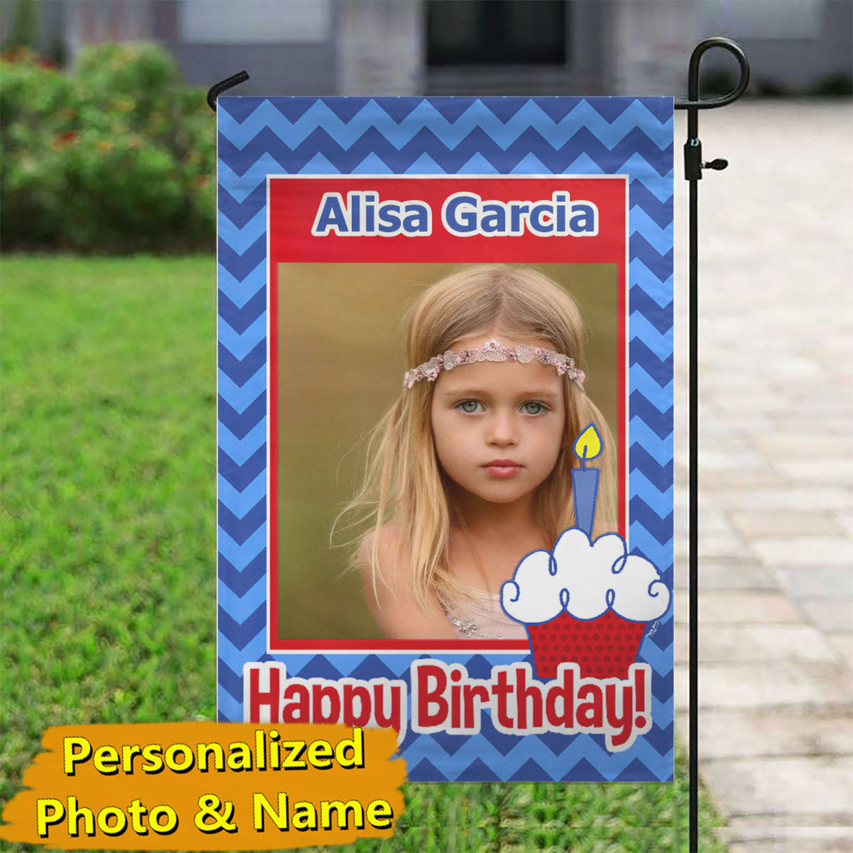 Happy Birthday Chevron – Personalized Photo & Name Garden Flag