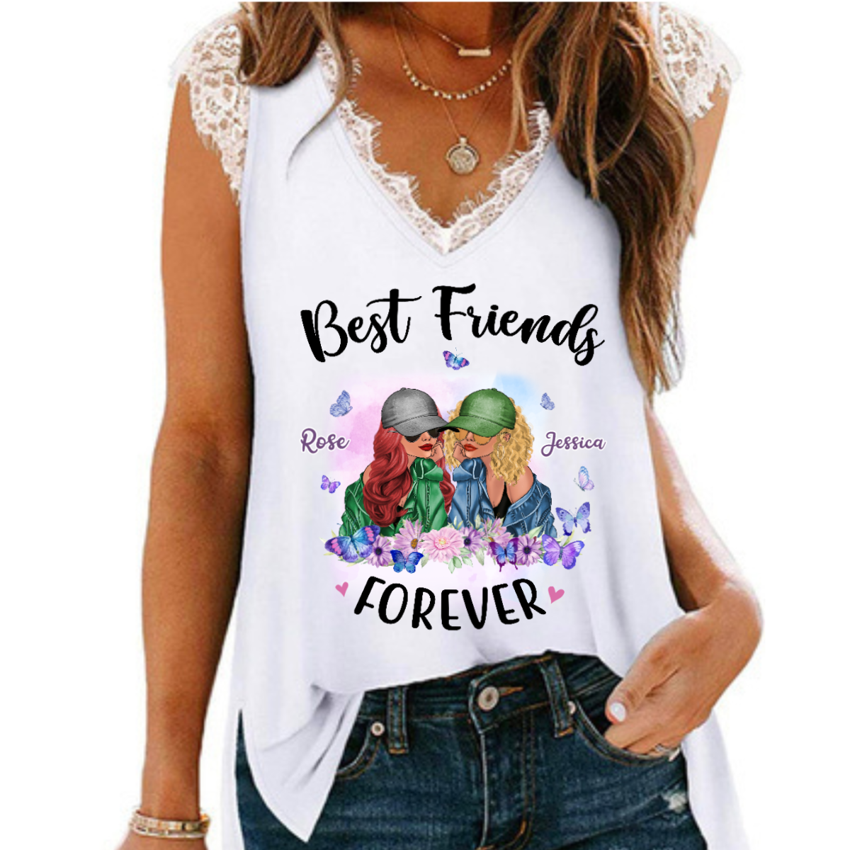 Butterflies Fashion Besties Personalized Women Tank Top V Neck Lace