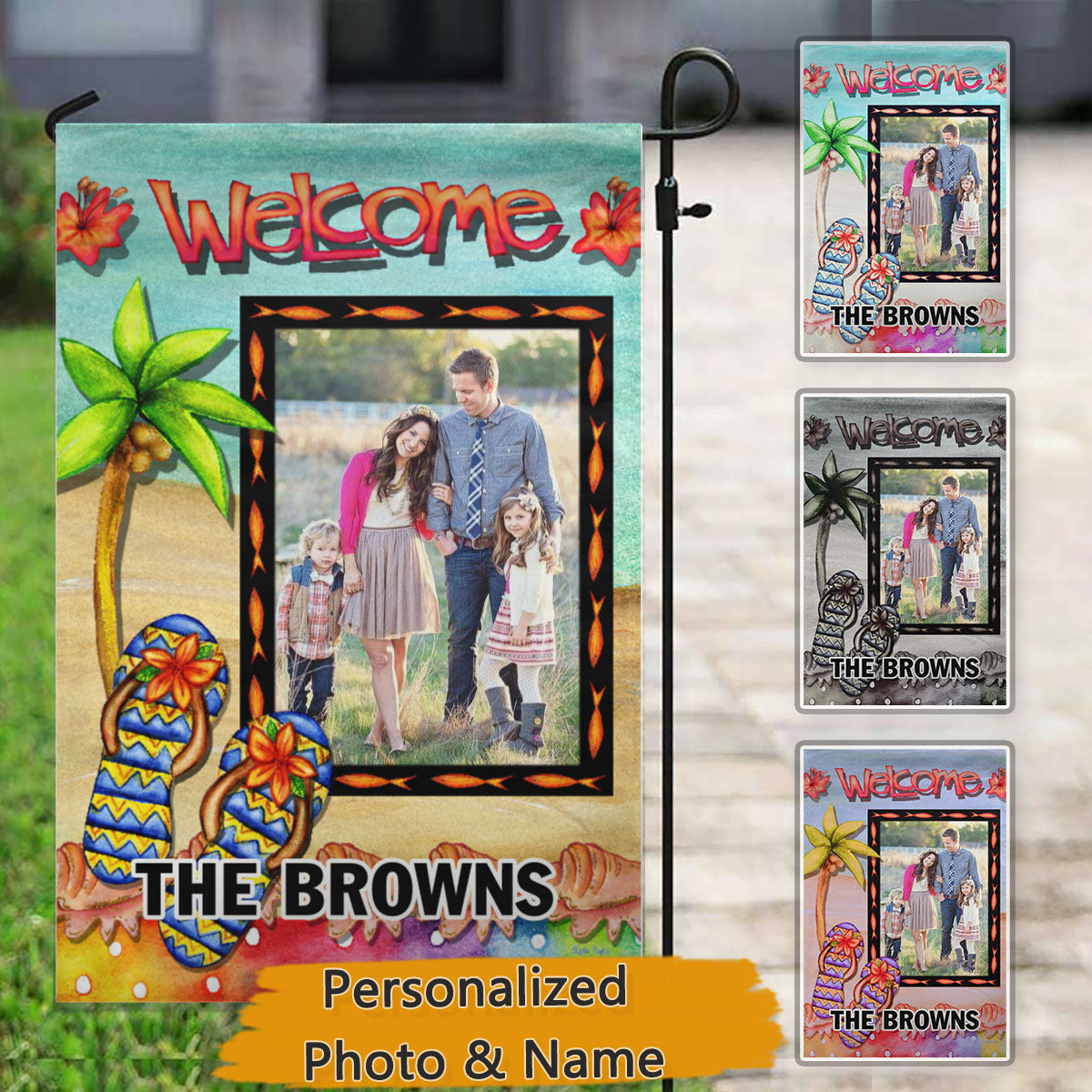 Flip Flop Welcome – Personalized Photo & Family Name Garden & House Flag
