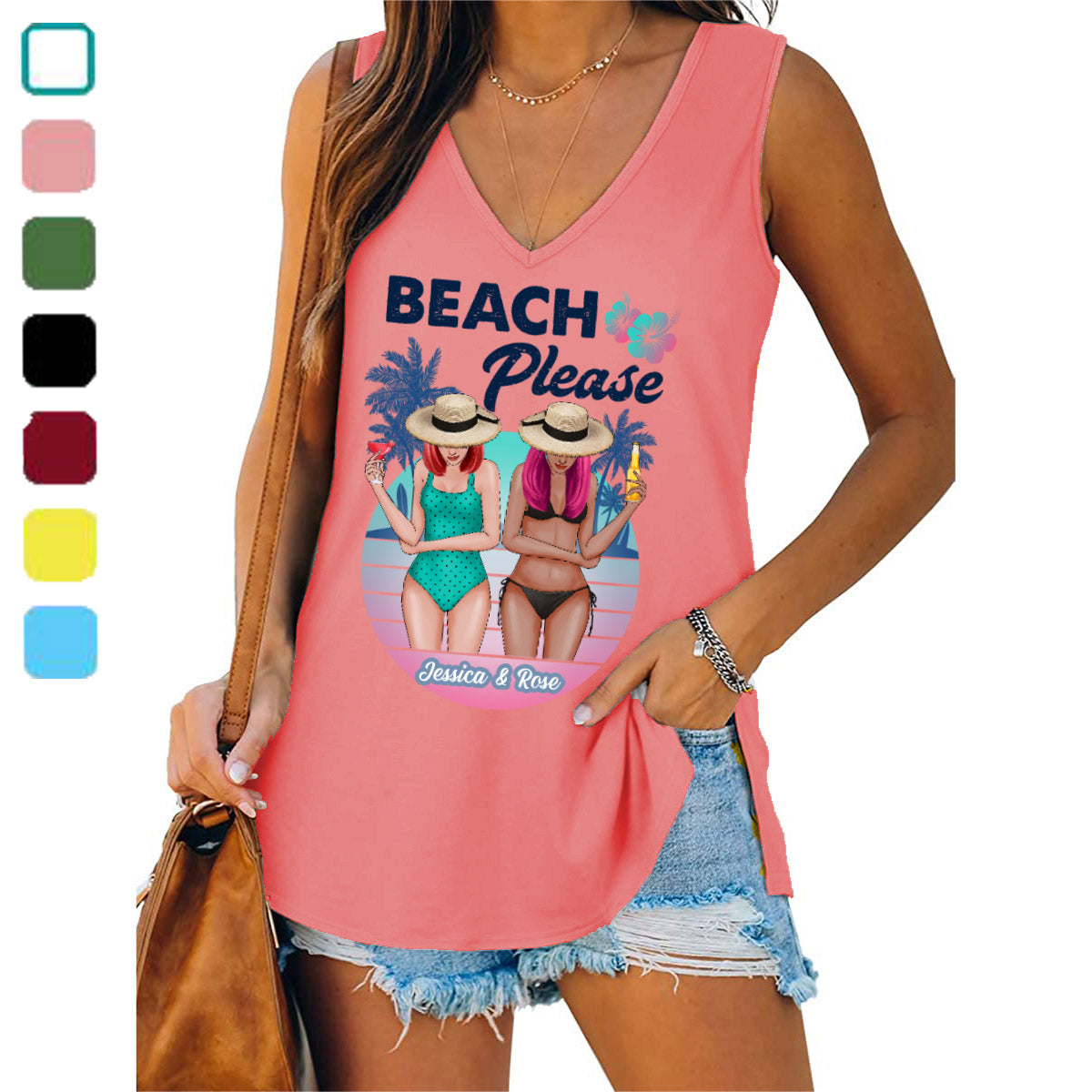 Beach Please Bikini Besties パーソナライズ レディース タンクトップ Vネック カジュアル 流れるような ノースリーブ