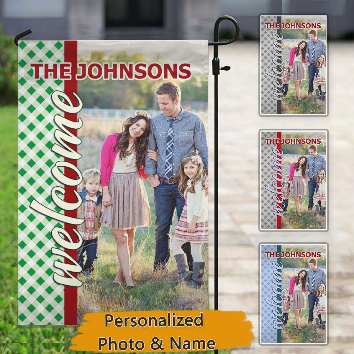 Gingham Welcome – Personalized Photo & Family Name Garden & House Flag