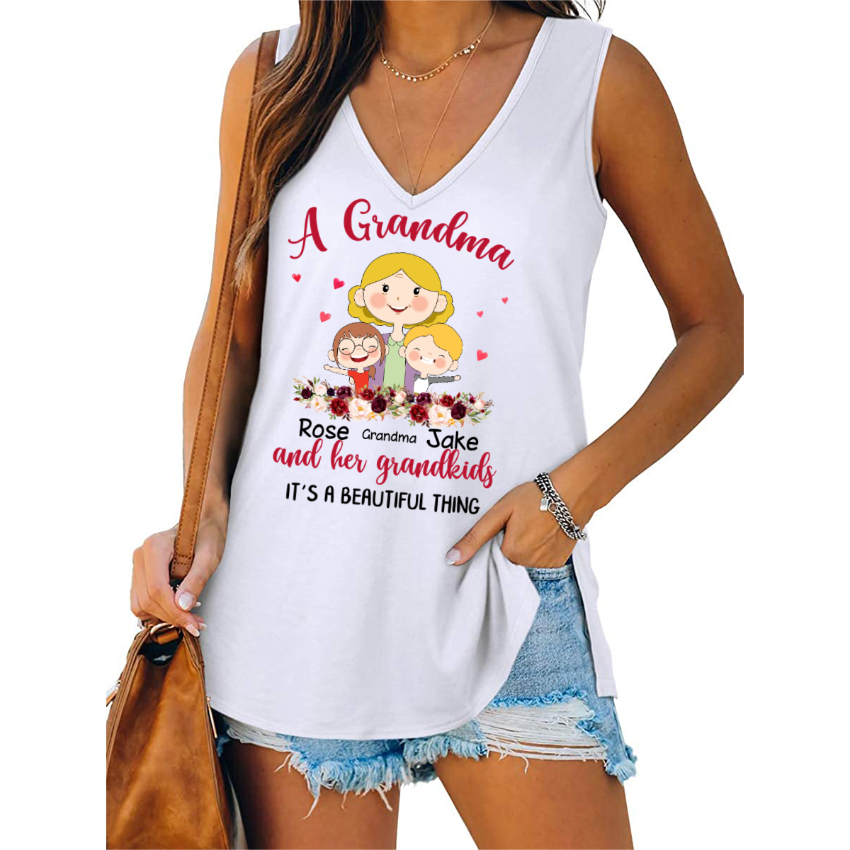 Grandma And Cute Kids Face Personalized Women Tank Top V Neck Casual Flowy Sleeveless