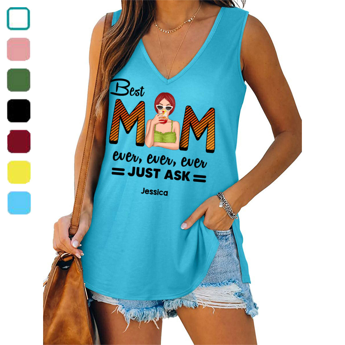 Best Mom Ever Just Ask Personalized Women Tank Top V Neck Casual Flowy Sleeveless
