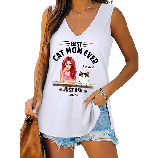 Fluffy Cat Best Cat Mom Personalized Women Tank Top V Neck Casual Flowy Sleeveless