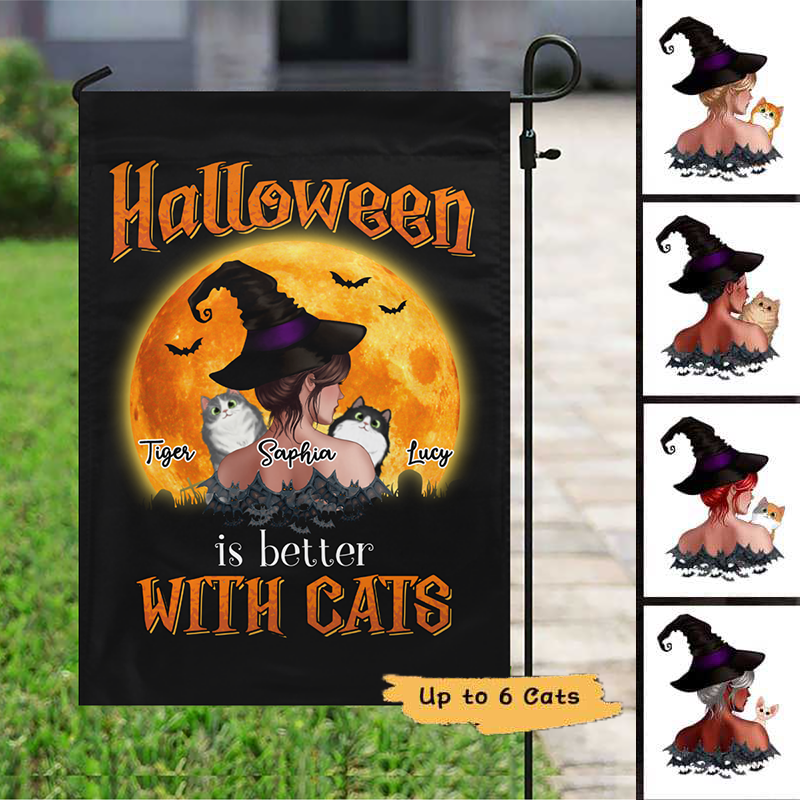 Cat Mom Witch Back View Personalized Garden Flag