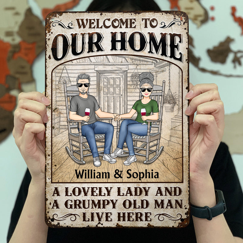 Family Couple A Lovely Lady And A Grumpy Old Man Live Here - Gift For Couples - Personalized Custom Classic Metal Signs