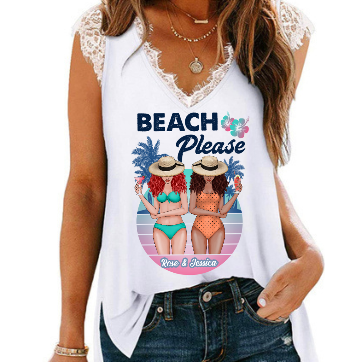 Beach Please Bikini Besties パーソナライズ レディース タンクトップ Vネック レース