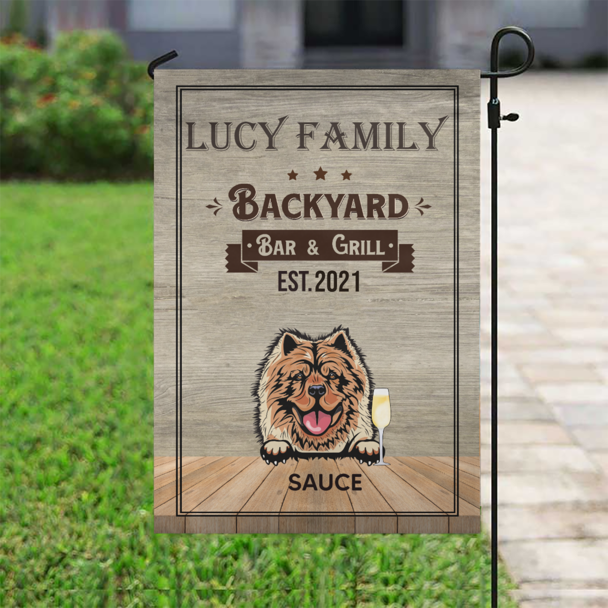 Backyard Bar & Grill Dogs Personalized Garden Flag