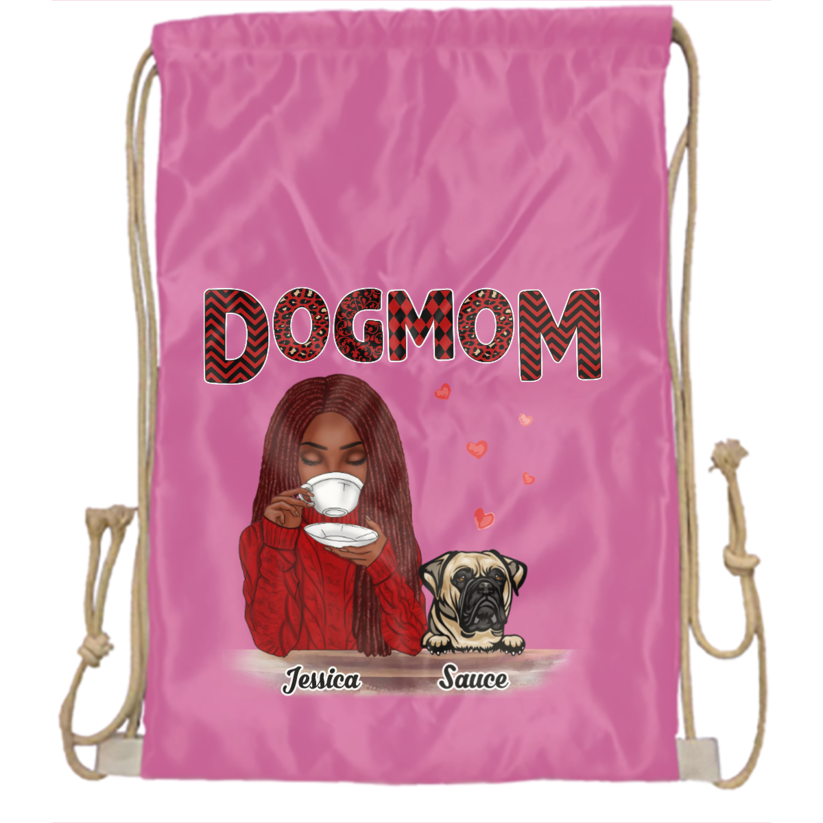 Dog Mom Red Patterned Personalized Drawstring BackPacks