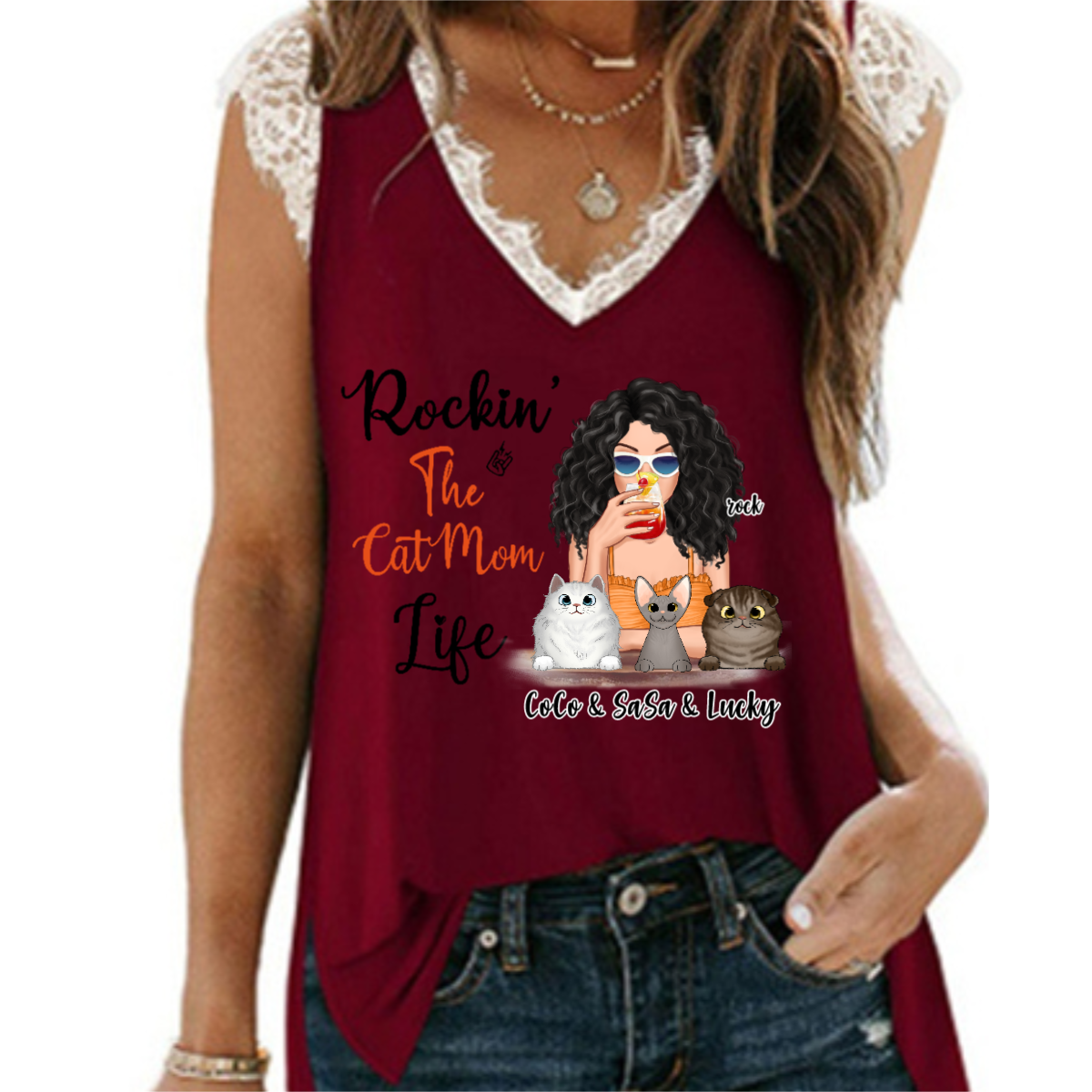 Rockin‘ Cat Mom Life Cocktail Girl Personalized Women Tank Top V Neck Lace