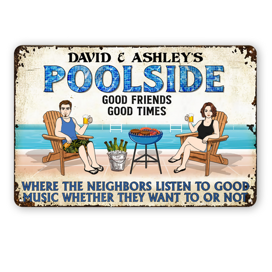 Poolside Couple Sitting Personalized Metal Sign