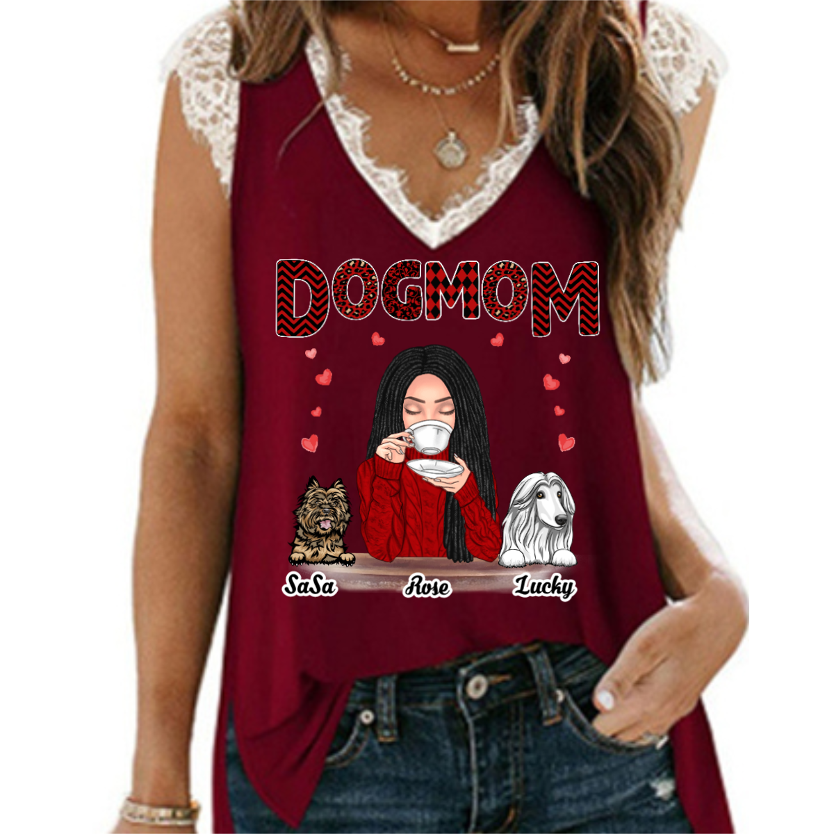 Dog Mom Red Patterned Personalized Women Tank Top V Neck Lace