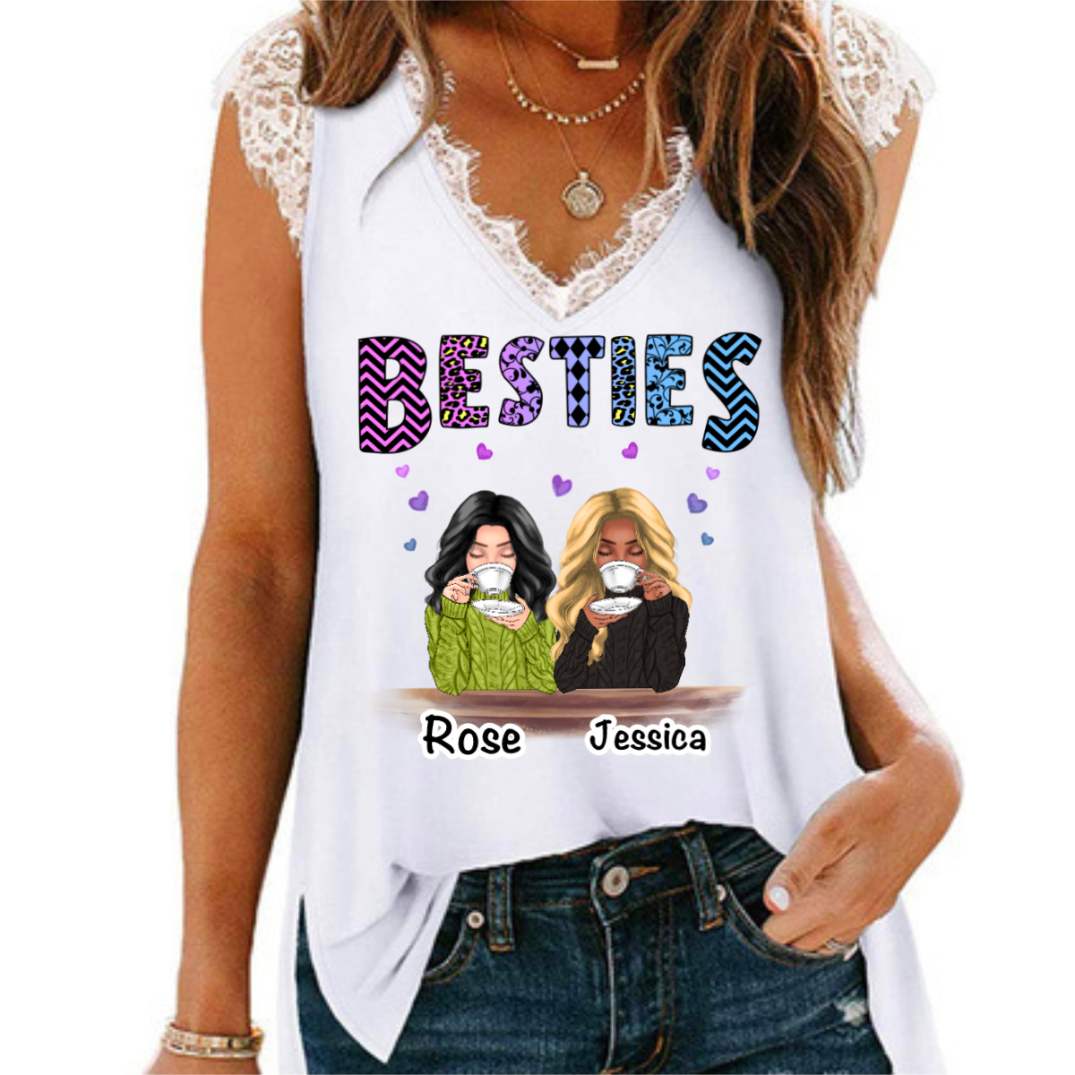 Beautiful Besties Colorful Patterned Personalized Women Tank Top V Neck Lace