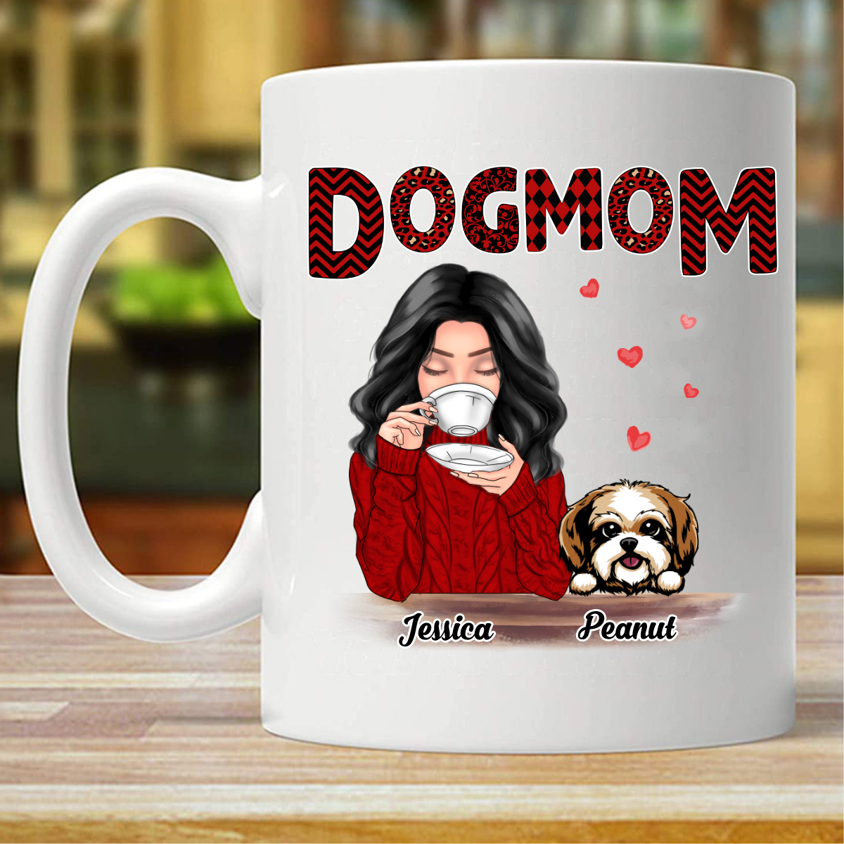 Dog Mom Red Patterned Personalized Mug (Double-sided Printing)