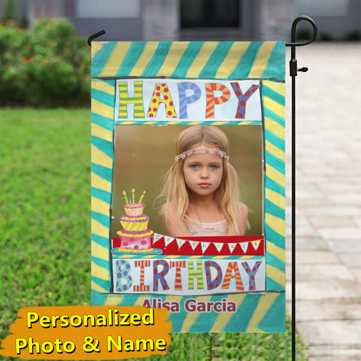 Festive Happy Birthday – Personalized Photo & Name Garden Flag