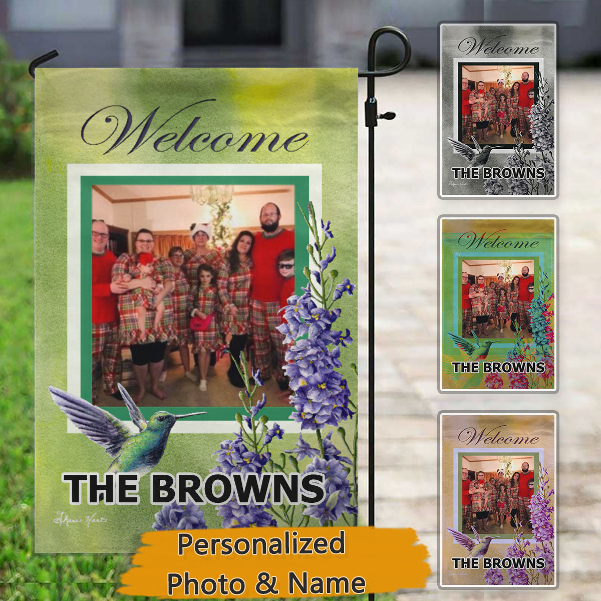 Hummingbird Welcome – Personalized Photo & Family Name Garden & House Flag