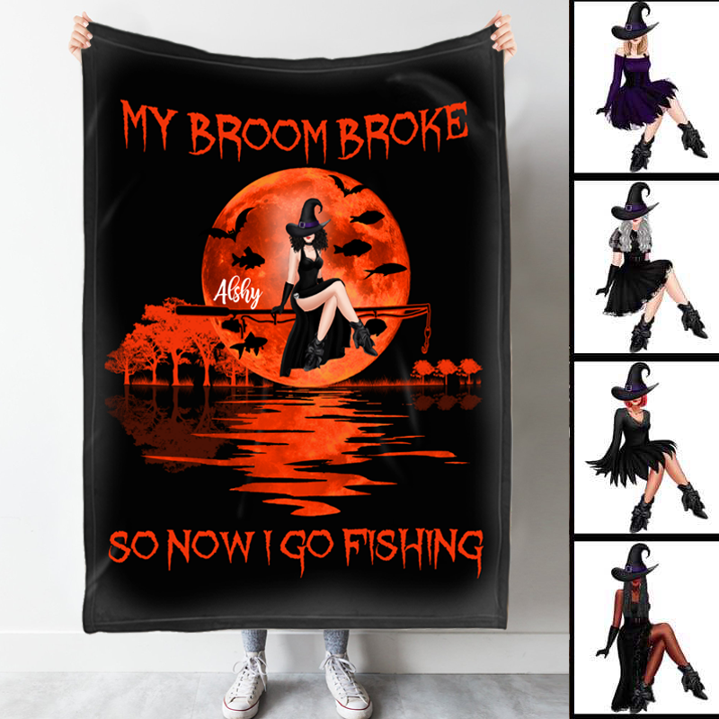 My Broom Broke So I Go Fishing Halloween Personalized Fleece Blanket