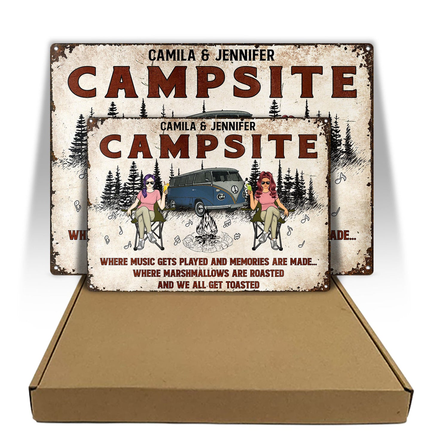 Family Couple Camping Firepit Where Music Gets Played - Personalized Custom Classic Metal Signs