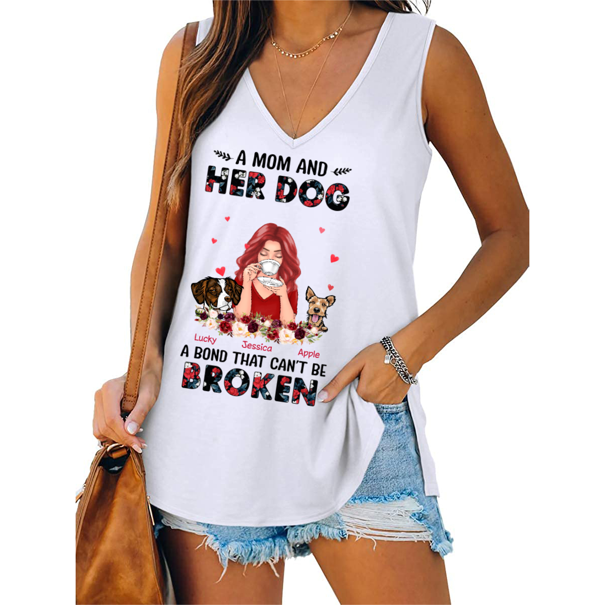 A Mom And Her Dogs Floral Personalized Women Tank Top V Neck Casual Flowy Sleeveless