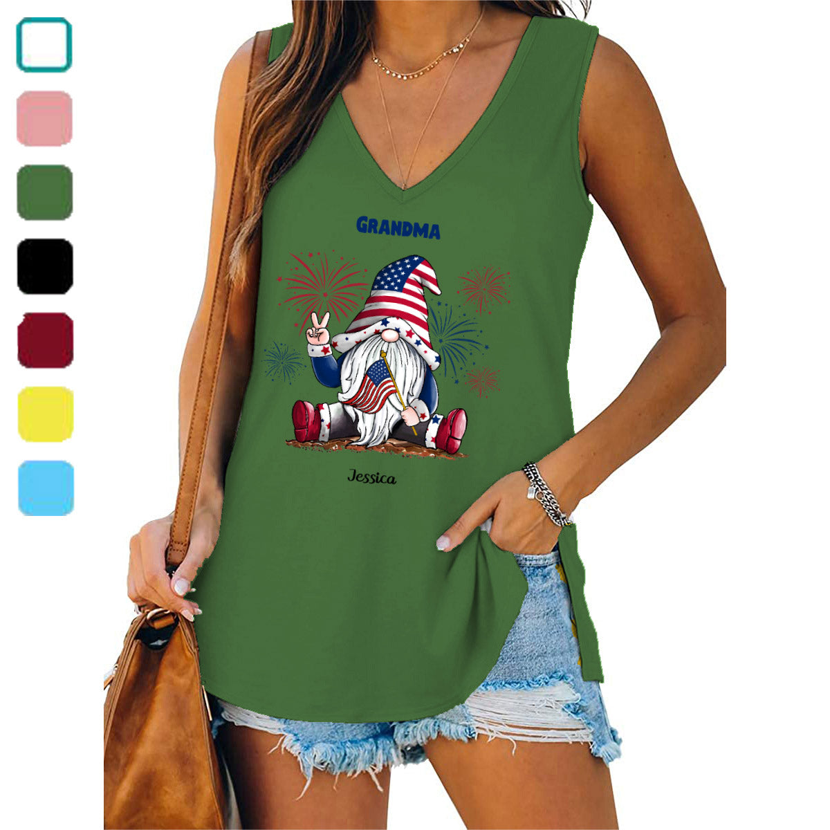 4th Of July Independence Day Gnome Grandma Personalized Women Tank Top V Neck Casual Flowy Sleeveless