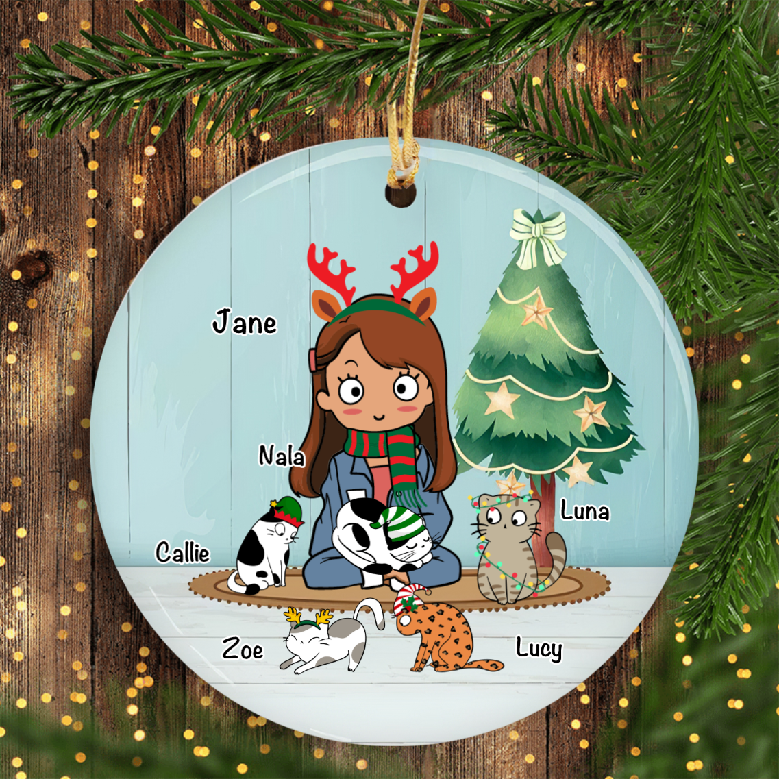 A Girl And Her Pets Personalized Cat Decorative Christmas Ornament