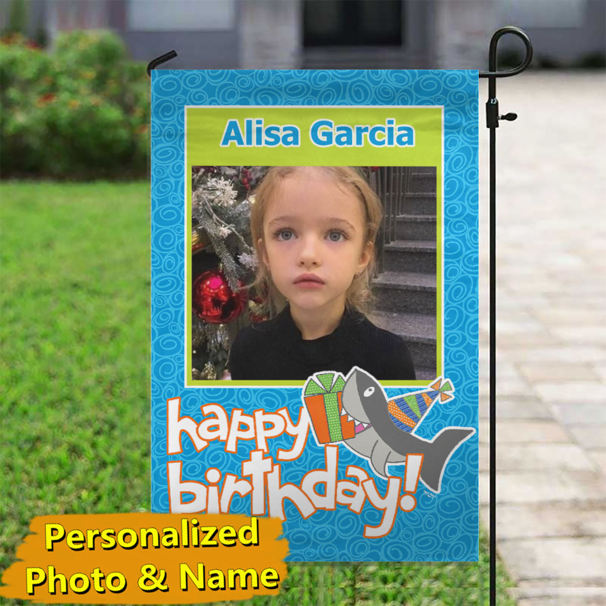 Birthday Shark – Personalized Photo & Name Garden Flag