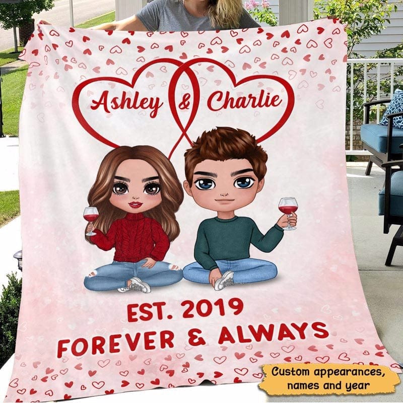 Doll Couple Sitting Red Hearts Valentine‘s Day Gift Personalized Fleece Blanket