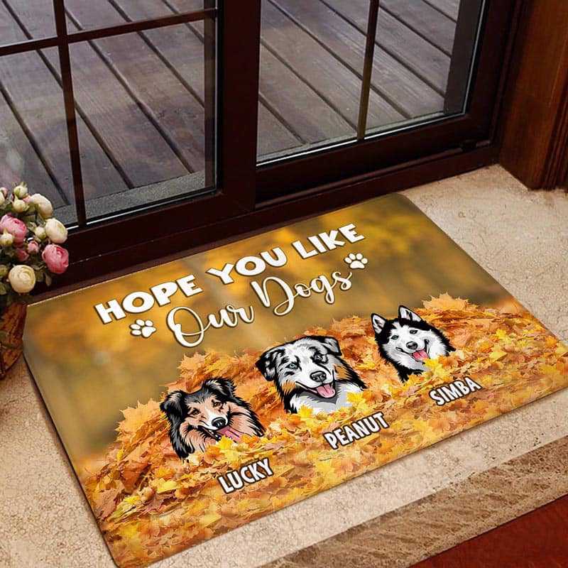 Dogs In Piles of Leaves Fall Season Personalized Doormat