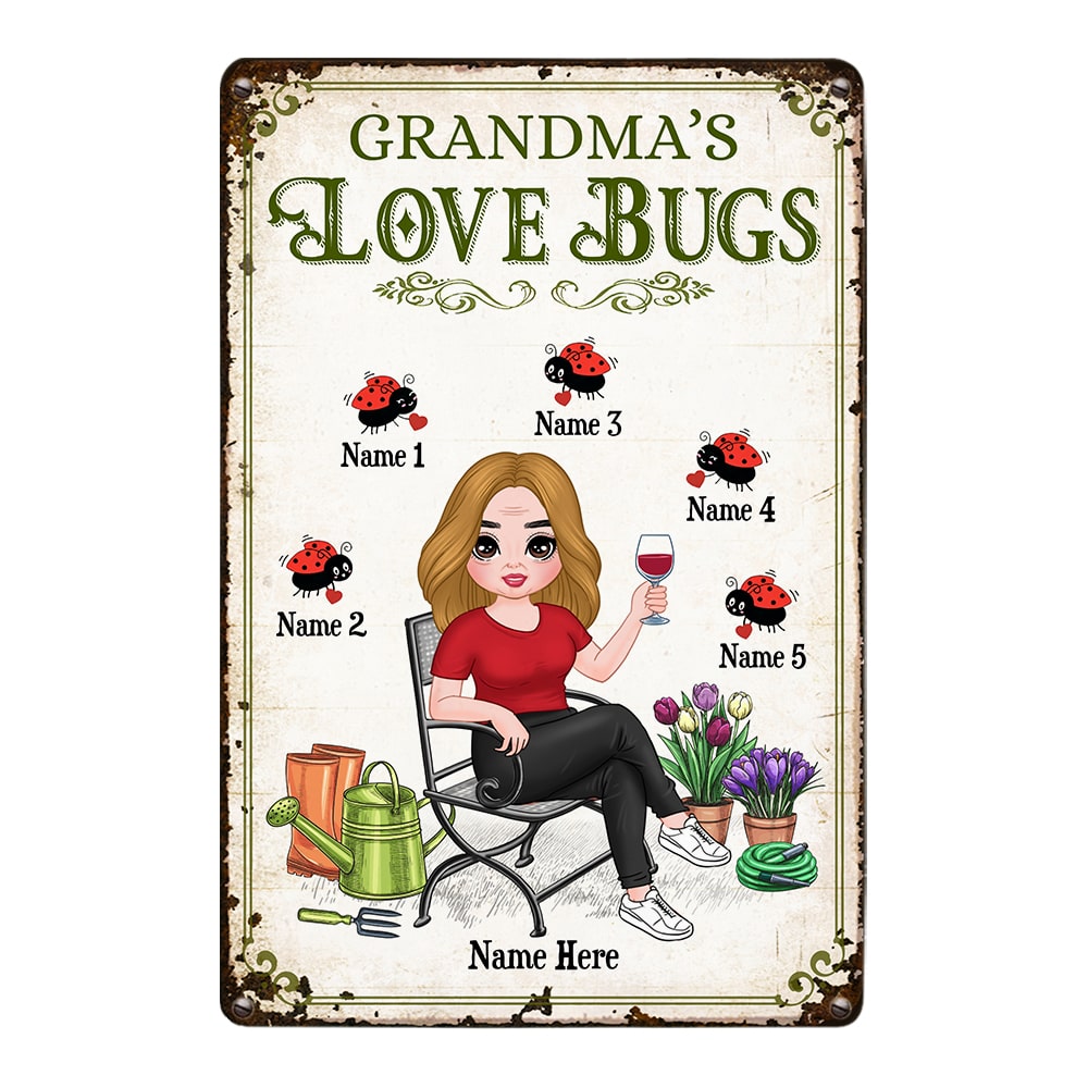パーソナライズされたMom Grandma Love Bugsメタルサイン