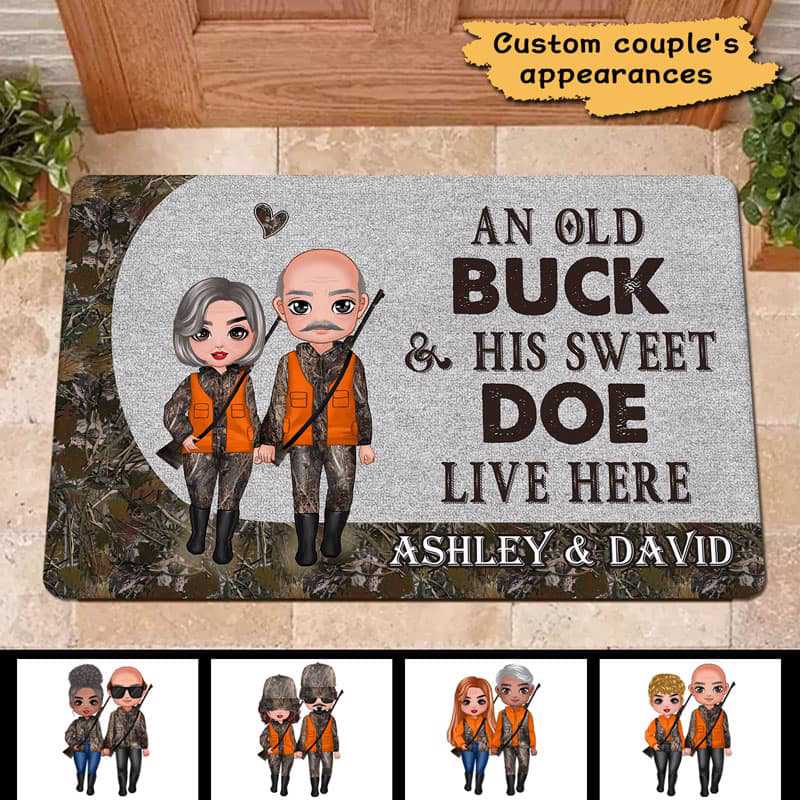 Old Buck Sweet Doe Hunting Couple Valentine Gift Personalized Doormat