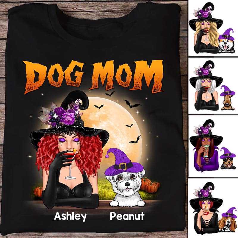 Halloween Witch Dog Mom Personalized Shirt (Dark Color Shirt)
