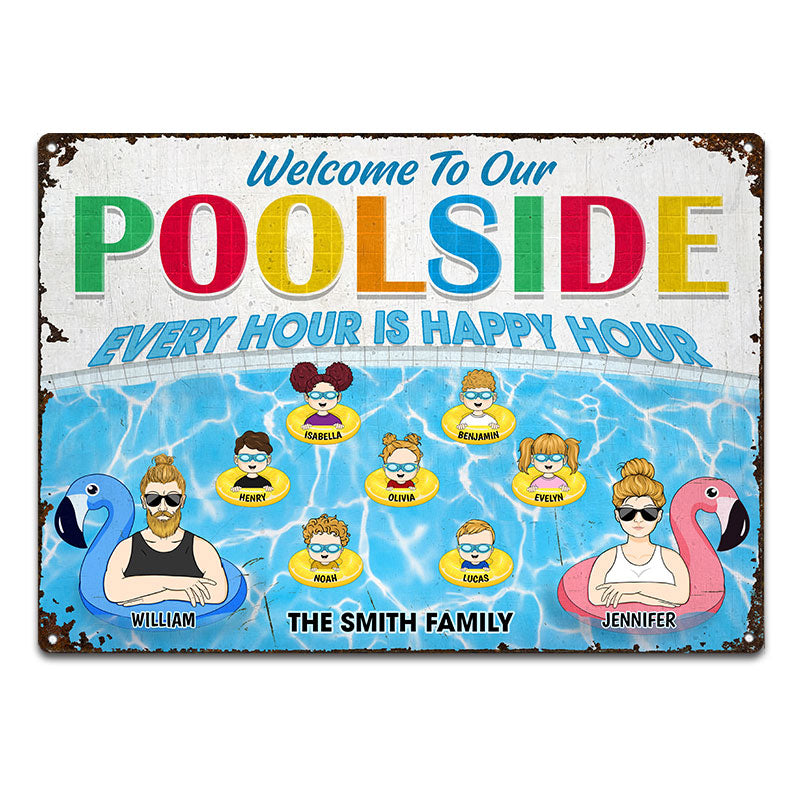 Family Pool Every Hour Is Happy Hour Husband Wife - Gift For Couples - Personalized Custom Classic Metal Signs