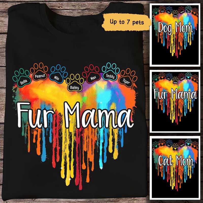 Dog Cat Mom Fur Mama Colorful Melting Heart Personalized Shirt