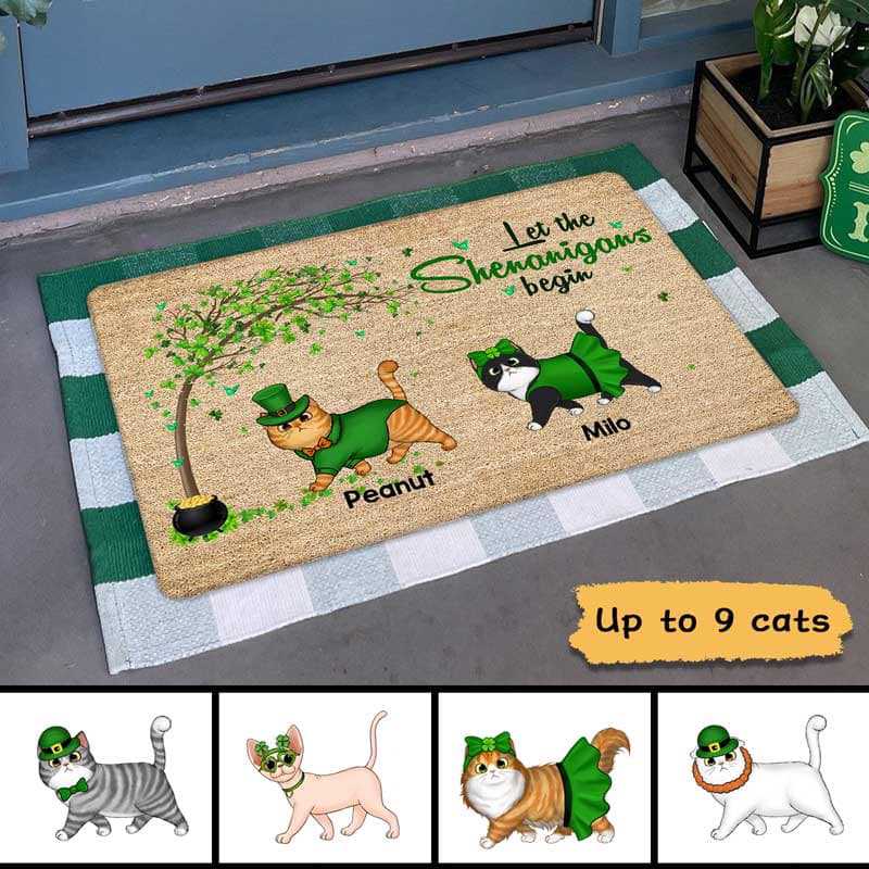 Walking Cat Under Tree St Patrick‘s Day Personalized Doormat