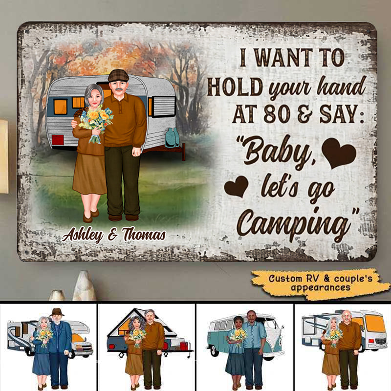 Old Couple Hold Hands Camping Valentine‘s Day Gift Personalized Classic Metal Signs