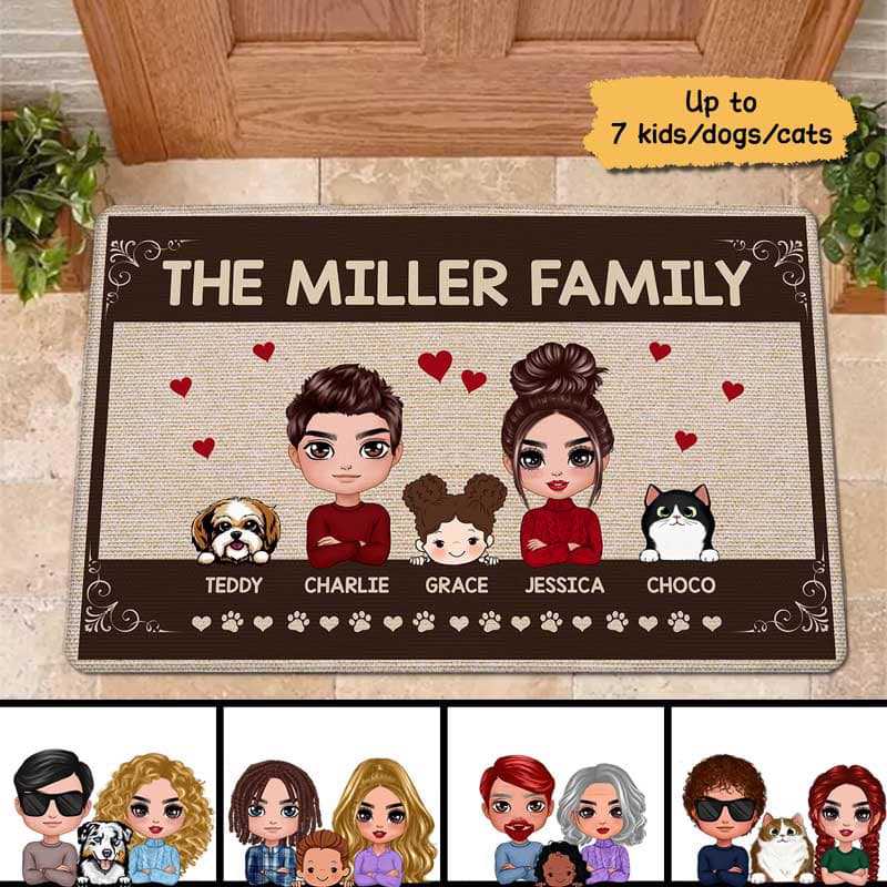 Doll Family Kids Dogs Cats Personalized Doormat