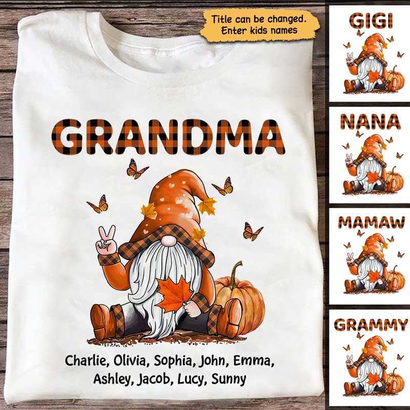 Fall Season Gnome Grandma Mom Kids Names Personalized Shirt