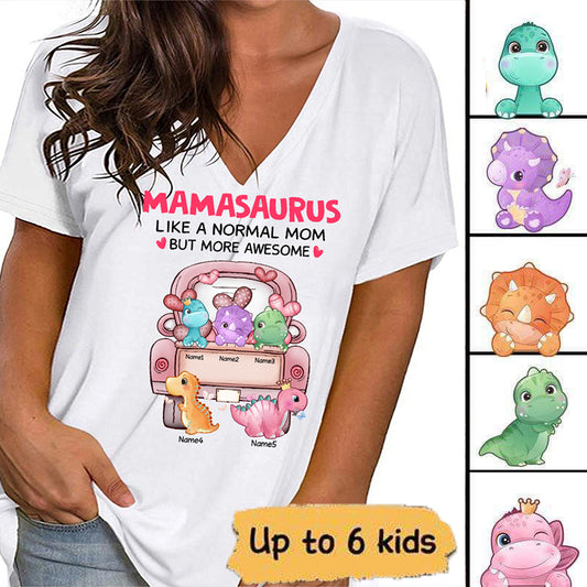 Cute Dinosaurs On Truck Personalized Womens Short Sleeve Tops V Neck Casual Flowy