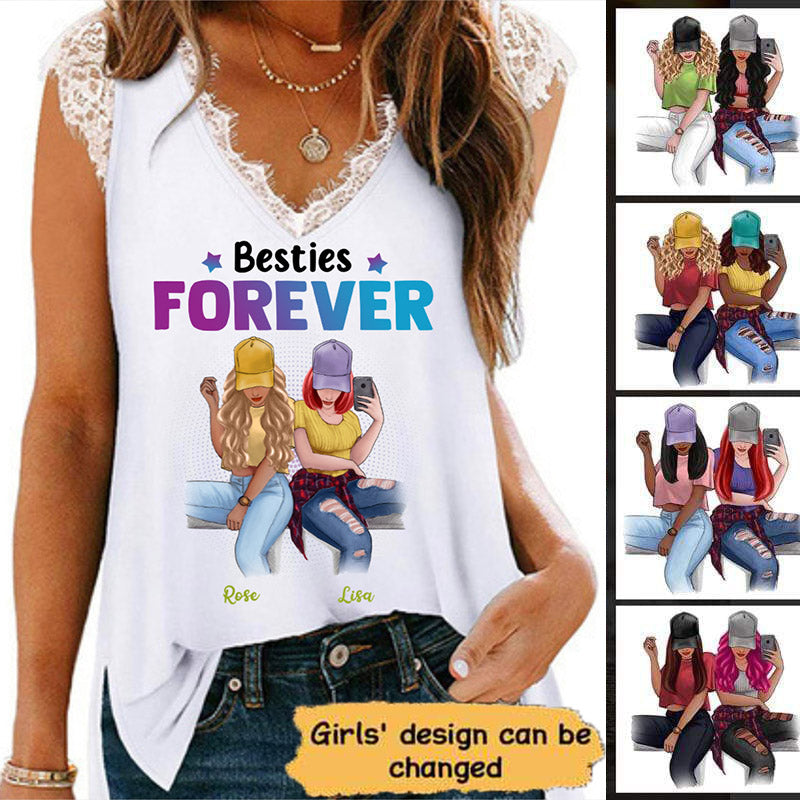 Selfie Bestie Colorful Personalized Women Tank Top V Neck Lace