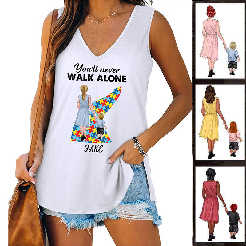 Autism Mom You‘ll Never Walk Alone Personalized Women Tank Top V Neck Casual Flowy Sleeveless