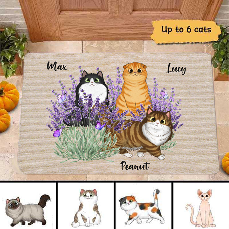 Lavender Fluffy Cat Personalized Doormat
