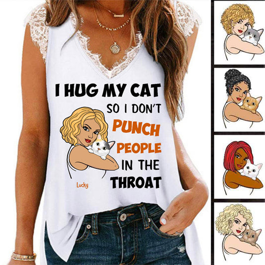 Hug My Cat Strong Woman Personalized Women Tank Top V Neck Lace