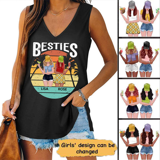 Summer Front View Besties Retro Personalized Women Tank Top V Neck Casual Flowy Sleeveless