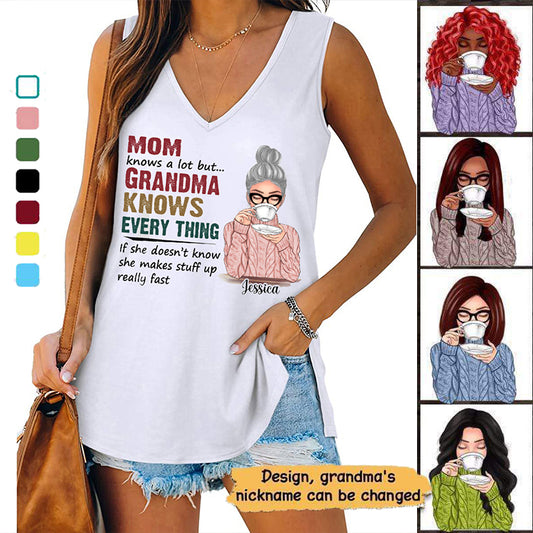 Grandma Knows Everything Retro Personalized Women Tank Top V Neck Casual Flowy Sleeveless