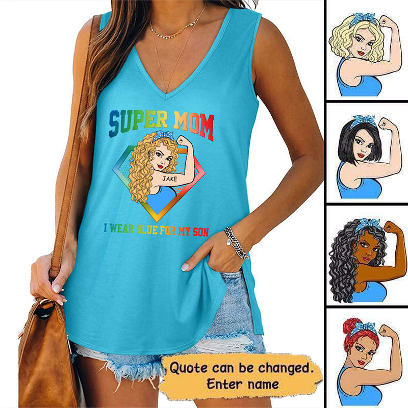 Super Mom Strong Woman Autism Personalized Women Tank Top V Neck Casual Flowy Sleeveless