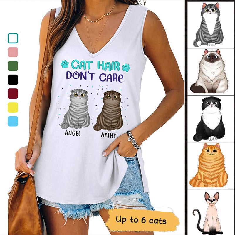 Cat Hair Fluffy Cat Personalized Women Tank Top V Neck Casual Flowy Sleeveless